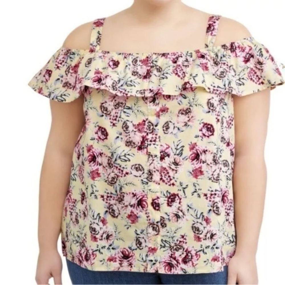 No Comment Plus Womens Yellow Floral Cold‎ Shoulder Flirty Blouse Top Sz XL
